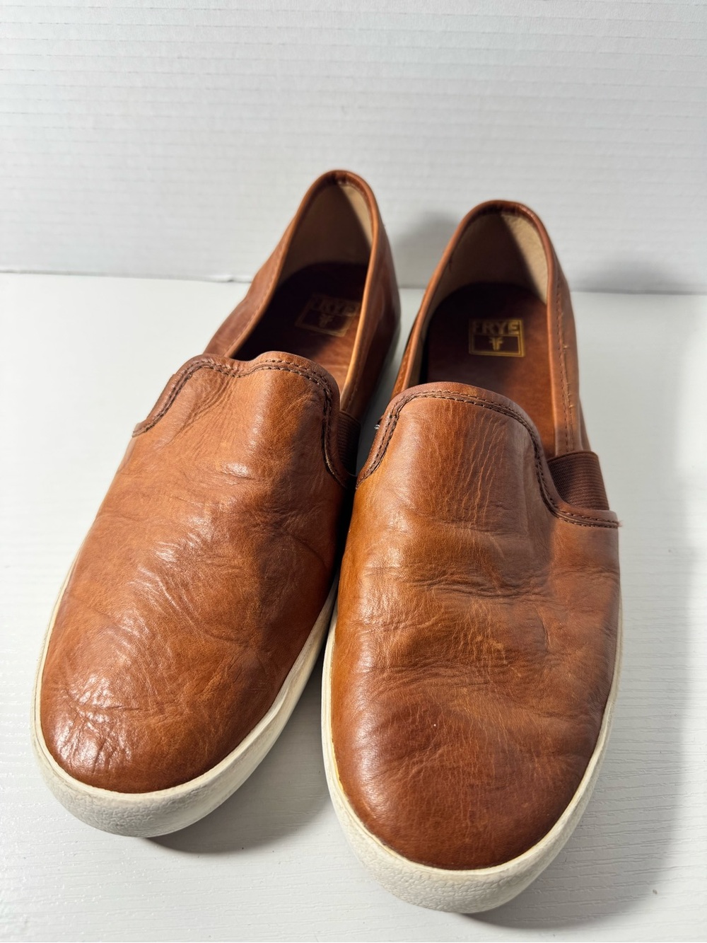 Frye Women’s Slip-On Loafers in Cognac Brown with White Sole
